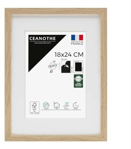 Ceanothe Cadre Photo Bois Chêne 18x24 cm avec Passe-Partout 13x18 cm - Bois Naturel FSC pour Petit Souvenir Décoration et A5 - Verre acrylique Incassable Collection ALBA - Fabriqué en France