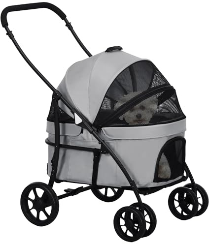 PawHut Vikbar 2-i-1 hund- och kattvagn för katter och valpar med avtagbar barnvagn, kudde, säkerhetskoppel, upp till 10 kg, stål 81 x 68 x 98,5 cm, grå