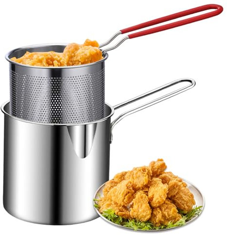 Friteuse avec panier 2 pièces 1,2 L en acier inoxydable avec poignée en acier inoxydable poli miroir pour frites, poisson, aile de poulet, marmite à frire, accessoires de friteuse