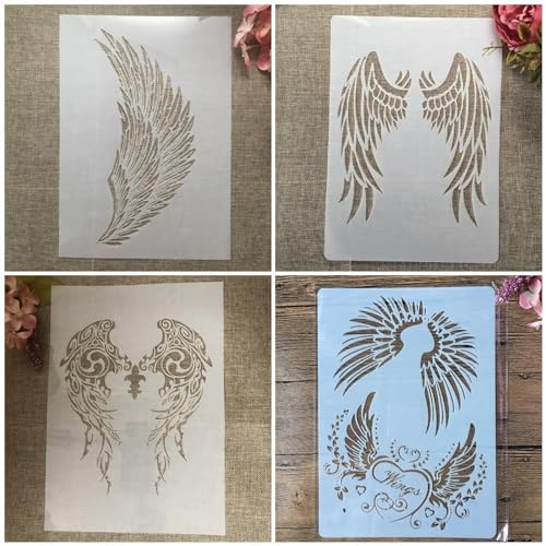 MANGOUSONG Zeichenschablonen-Set, 4 Stück, A4, 29 cm, Mandala-Engelsflügel, Schablonen zum Malen auf Holz, Wand, Stoff, Stein, Boden, Fliesen, Kunsthandwerk Schablonen für Heimdekoration