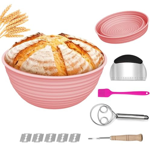 Zemoeng Sourdough Bread Baking Supplies, 9 inch Round Silicone Bread Proofing Basket Banneton Sourdough Starter Kit, Sourdough Proving Baskets Set for Beginners and Pro Bakers