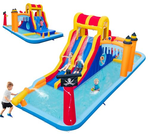 COSTWAY hoppborg med två rutschkanor, klättervägg, krypgrotta, vattenkanon och plaskdamm, Bouncy Castle, vattenpark för barn, 693 x 295 x 263 cm