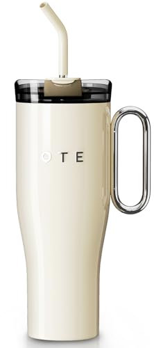 OTE 40oz Thermobecher mit Strohhalm und Henkel, Kaffeebecher to go, Doppelwandiger Edelstahl Vakuum Isolierbecher mit Deckel, Reisebecher Autobecher Becher für Heißer und Kalter Getränke, Beige