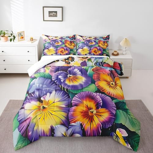 Erosebridal Bettwäsche-Set für Mädchen mit Blumen- und Schmetterlings-Motiv, für King-Size-Bett, Stiefmütterchen, rustikales Bauernhaus, Frühlings-Bettwäsche-Set, ländliche Blüte, Steppdecke, lila,