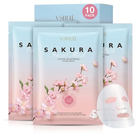 Brightening Face Sheet Mask, Set of 10 - Japanese Hydrating Beauty Skincare with Sakura Extract for Women and Men - Moisturising Anti Aging Facial Treatment - Ideal for Sensitive Skin