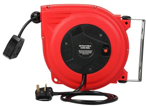 Cord Reel Retractable 1250W Automatic Cable Reel 33+5FT (10+1.5M) Extension Cord Reel with Triple Outlets, 16AWG/3C SJTOW, 15A Circuit Breaker, Adjustable Stopper, 180° Swivel for Wall/Ceiling Mount