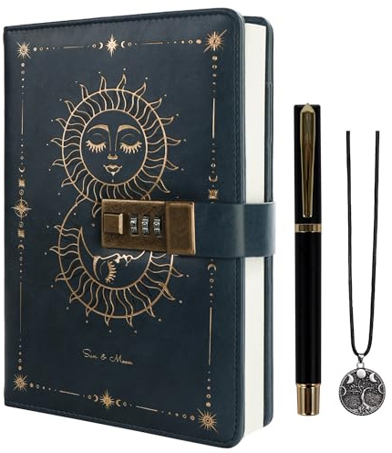 TIEFOSSI Tagebuch mit Schloss, Sonne & Mond Journal mit Schloss für Frauen Männer, A5 nachfüllbares Notizbuch mit Schloss zum Schreiben, 224 nummerierte Seiten