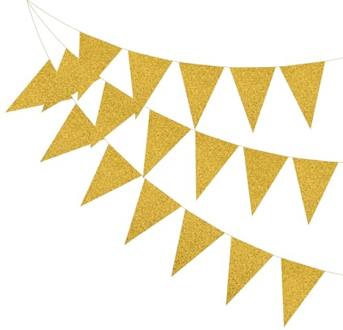 PATIKIL 5 m vimpel banderollflaggor, 2 st papper triangel flagga flaggväv girlang vintage vimpel flaggor sträng för bröllop födelsedag karneval evenemang fest dekoration, guld