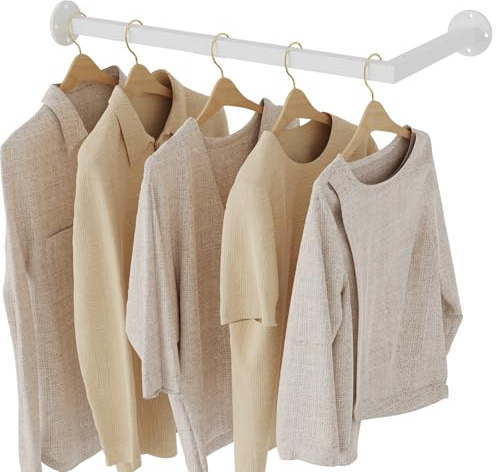 Yawinhe Perchero de Pared Industrial, Estante de la Ropa del Tubo en forma de L, Ahorra Espacio, 60x30cm Riel Colgante Desmontable, Fuerte Capacidad de Carga, para Sala de Estar, Blanco, 1-Pack