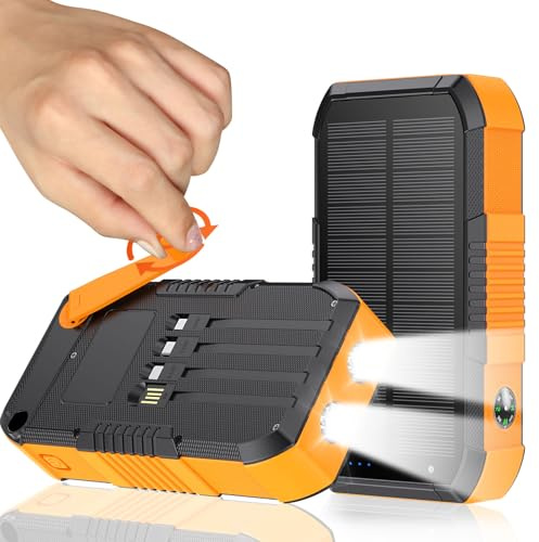 kigoker Manovella Power Bank 66800 mAh e 4 cavi 22,5 W Caricabatterie portatile solare 5 uscite e 3 ingressi (arancione)