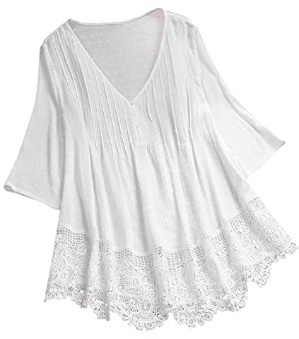 Women's Plus Size Bohemian Style Linen Tunic Tops Boho Peasant Floral Graphic Embroidered Blouses 2025 Hippie Ruffle Front Shirt for Older Women Western Retro 3/4 Sleeve White