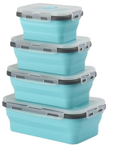 Hooolee® 4er-Set Faltbare Frischhaltedosen, Aufbewahrungsbehälter mit Deckel Bento Box aus Silikon Faltbare Brotdose Behälter für Mikrowelle, Kühl- und Gefrierschrank, Lunchbox