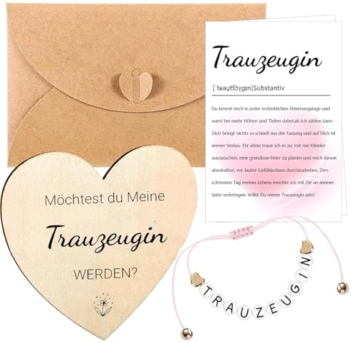 Snyvpra Trauzeugin Geschenk Set – Armband mit Alphabet Herzförmiges Holzschild Begriffs-Karte Umschläge 'Möchtest du meine Trauzeugin werden?' Liebevolles Geschenk für Freundin Frau zur Einladung