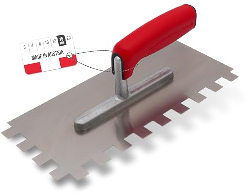 WERKFIT Professional Stainless Steel Notched Trowel 15 mm - Smoothing Trowel Toothed Rust-Free - Notched Trowel with Soft Grip - Smoothing Trowel Made in Austria 280x130mm (15x15mm)