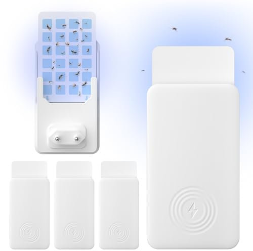OUSFOT Trappola Mosche,4 Dispositivi 20 Carte Trappola Moscerini Plug-in per Zanzare, Moscerini Della Frutta per Ufficio Domestico Bianco