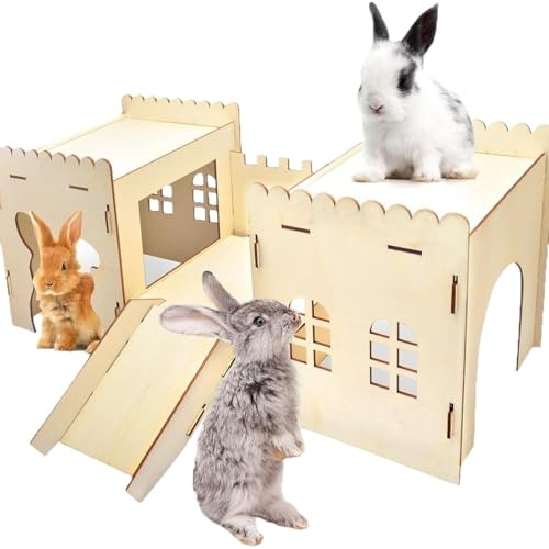 En Bois pour Lapins, château avec escaliers en Forme de Grotte, habitats Robustes pour intérieur et extérieur, cabane pour gerbilles,Nid de lapin en bois, cachette pour hamster, maison de jeu avec esc