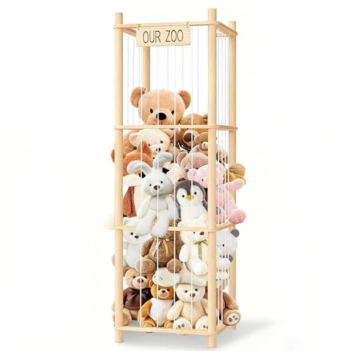 EQGDU uppmjukat djur displayhylla organiserare trä zoo bur design för stor plysch leksaksförvaring, barnrum och sovrumsdekor