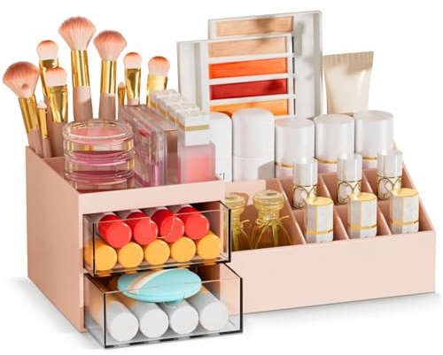 Subsky Portatrucchi con Cassetti - Contenitore Cosmetici, Organizzatore per Cura della Pelle, Organizzatore Multifunzione per Ufficio, Scatola per Cosmetici con Cassetti per Toeletta, Bagno, Rosa
