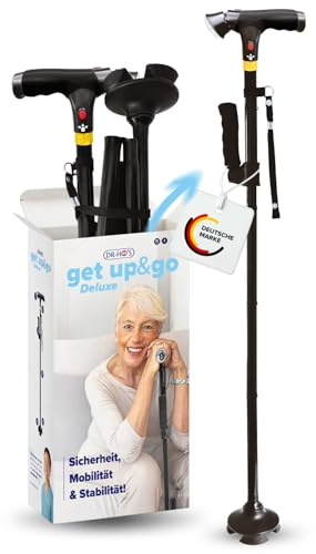 DR. HO’S Get Up & Go | Gehstock Damen & Herren | Gehhilfe für Senioren | Klappbar & höhenverstellbar mit LED-Licht & Alarmknopf | Spazierstock mit 4-Punkt-Standfuß | Für Erwachsene | Walking Stick