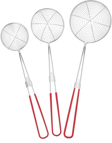 VINTORKY 3 pezzi Mestoli Scolapasta in Acciaio Resistente Colino Scolapasta Riso con Rete di Schiumarole per Scolare Pasta e Verdure Manico Appeso per Facile Conservazione