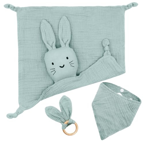 Tbintul 3 Stück Geschenke zur Geburt mit Schnuffeltuch Hase und Beißring Holz und Lätzchen, Baby Geschenk Junge Mädchen, Grün