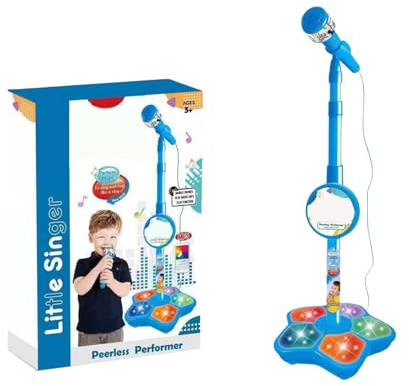 Kids Karaoke Microphone with Adjustable Stand, LED Light-Up Base, Fun Sound Effects, Musical Toy for Children Ages 3+ (Blue)