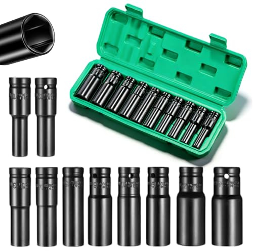 VOBOR 1/2 Llaves de Vaso Impacto Profundo, 10 Piezas 8-24 mm Vasos de Impacto Largos para Reparaciones de Coche y Cambio de Neumáticos