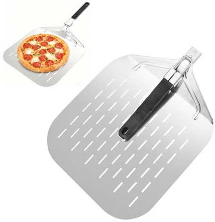Wide Pizza Peel with Foldable Handle,32cm x 63.5cm Perforated Design Metal Pizza Spatula Paddle for Baking Homemade (stainless steel)