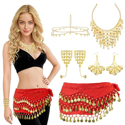Baisdan 7 Pezzi Cintura di Danza del Ventre Donna Set, con Monete d'oro Orecchini, Collana, Braccialetti, Copricapo, Sciarpa Danza del Ventre per Halloween, Carnevale, Spettacoli Rosso