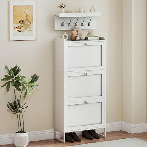 YITAHOME Schuhkipper Schmal Weiss mit Garderobe 5 Haken und 3 Klapptüren, Verstellbares Regal Schuhschrank für Flur Wohnzimmer, Geeignet für Hohe Absätze, 60x25x130cm, Weiß