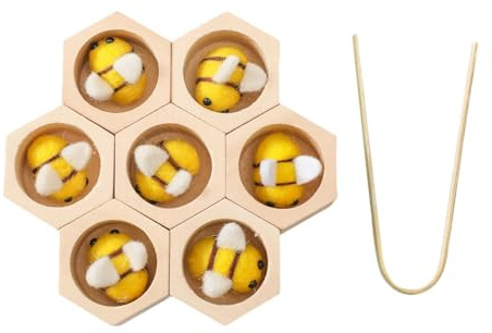 Zxpjkyu 7 Stück Sortier Matching Spielzeug Holz Bienenstock Greifzange Lernspielzeug Stapelbecher Farbenerkennung Motorische Fähigkeiten für Vorsch, Gelb