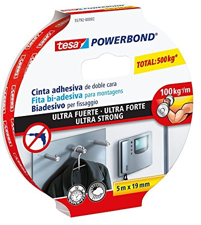 tesa Powerbond Ultra Strong Montageband/Doppelseitiges Klebeband für eine besonders starke und dauerhafte Befestigung ohne Bohren / 5 m x 19 mm (5m:19mm / 2er Pack)