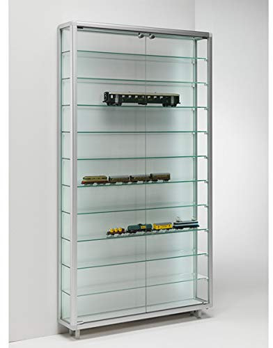 MHN Sammlervitrine & Standvitrine 20 x 79 x 184,5 cm – Flache Glasvitrine zur Wandaufstellung, abschließbar, Holzrückwand – LED Beleuchtung – für Modellautos, Modell-Eisenbahn oder Figuren