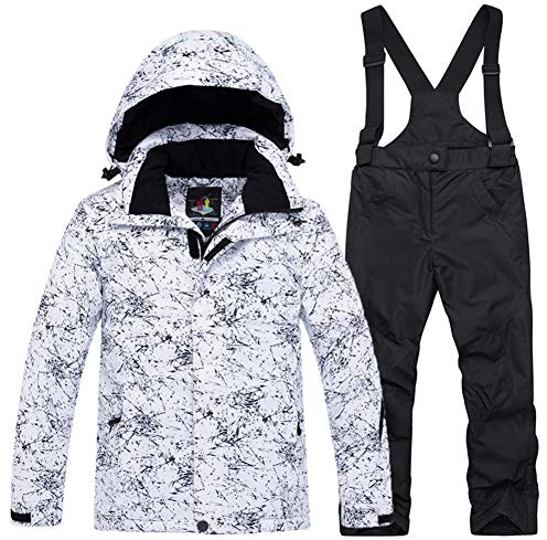 LPATTERN Kinder Jungen/Mädchen Skifahren 2 Teilig Schneeanzug Skianzug(Skijacke+ Skihose), Weiß Blitz Jacke+ Schwarz Trägerhose, Gr. 146/152(Herstellergröße: XXL)