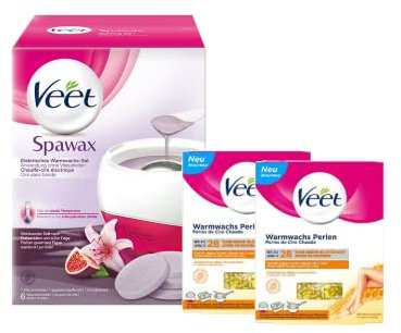 Elektrisches Warmwachs Set + 2x Warmwachsperlen mit Bienenwachs für langanhaltende Haarentfernung für bis zu 28 Tage glatte Haut Veet Spawax Set + 2x Veet Warmwachs-Perlen 230 g