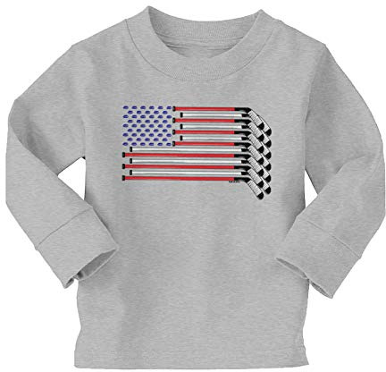 Haase Unlimited American Flag - Hockey Sticks Pucks Long Sleeve Toddler Cotton Jersey Shirt (Light Gray, 5T/6T)