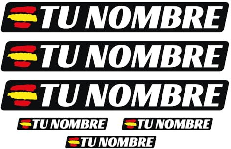 6 x Pegatina Personalizada Bandera España Nombre Vinilo. Adhesivo Impermeable para Bici Moto Casco Botella. Sticker Resistente Personalizable para Superficies Lisas Interiores y Exteriores