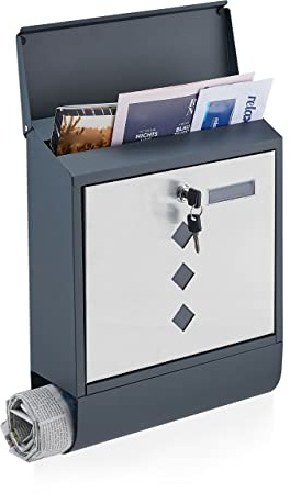 Relaxdays Boîte aux Lettres Moderne, Porte-journaux, Acier (poudré et Inoxydable), HLP 38,5x31x12 cm, Anthracite et Noir