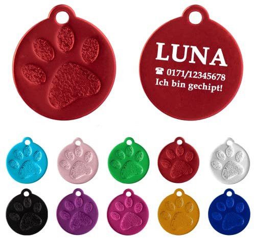 Ibera gifts - Hundemarke mit Gravur und personalisierte Hundemarke rund mit Pfote für mittelgroße bis große Hunde und Katzen (M-L, Rot)