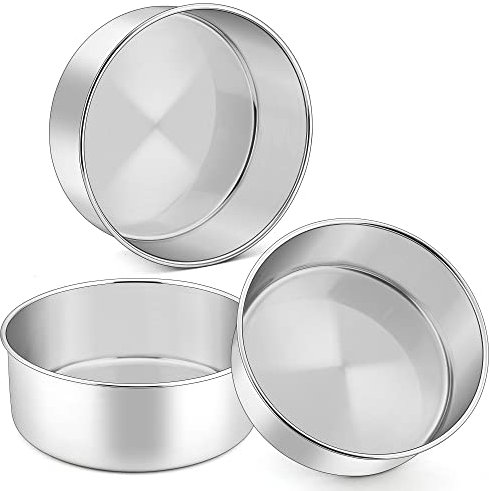 Herogo,Set di 3 tortiere rotonde per torte da 20 cm, in acciaio inox, per torte di compleanno, matrimonio, 7 cm di profondità e design monopezzo, lucidato a specchio e lavabile in lavastoviglie