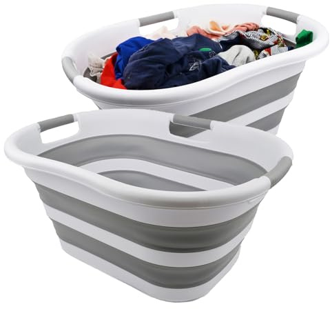 SAMMART 40L zusammenklappbarer Wäschekorb aus Kunststoff – faltbarer Pop-Up-Aufbewahrungsbehälter/Organizer – tragbare Waschwanne – platzsparender Wäschekorb (Weiß/Grau)