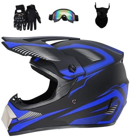 Senhill Motocross Helm Motorrad Helm DOT Downhill Fullface Helm Unisex Jugend Renn Motocross Fahrradhelm Off Road Dirt Bike Helm mit Handschuhen Brille Maske (Blau, M)