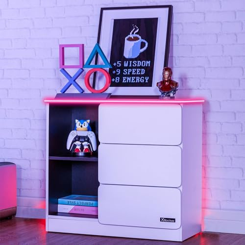 X Rocker Carbon-Tek 70cm Width, RGB LED Chest of Drawers - Neo Fibre Lighting, 3 Drawer, 2 Open Shelves, Durable Wooden Frame for Kids & Teens - White
