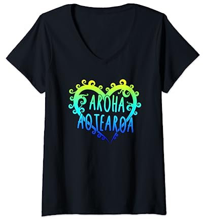 Damen Polynesien Maori Aroha Aotearoa Love Neuseeland Koru Tattoo T-Shirt mit V-Ausschnitt