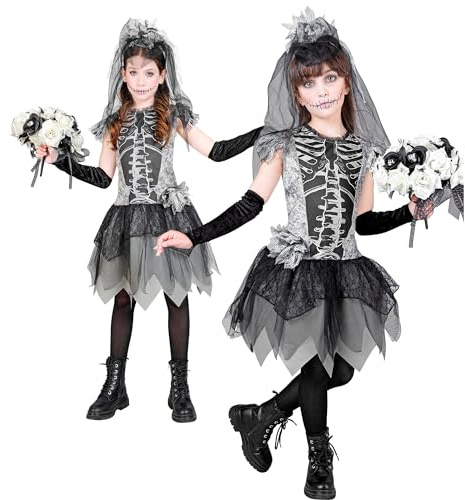 W WIDMANN MILANO Party Fashion - Costume da sposa scheletro per bambini, abito, guanti, velo da sposa, sposa fantasma, donna con la falce, per Halloween