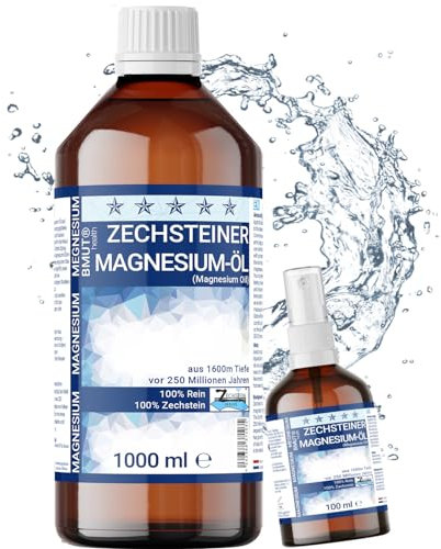 1000 ml d'huile de magnésium + 100 ml de spray Premium | 100 % Zechstein | Pour massage de la peau, sport et relaxation musculaire | Vaporisateur d'huile de magnésium