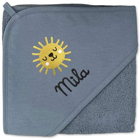 upstitch studio Dunkelblaues Mädchen-Kapuzenhandtuch für Baby (75x75cm) mit Namen personalisiert aus 100% Baumwolle - kuschelig weich - Babyhandtuch und Kinderhandtuch