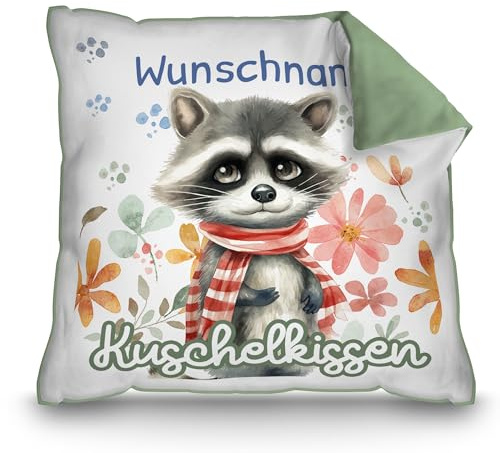 Print Royal PR Personalisiertes Kuschel-Kissen für Kinder mit Füllung - mit Name selbst gestalten - Waschbär Kissen für Mädchen und Jungs, Kinderkissen mit Name | 40 x 40 cm, Rückseite Grün