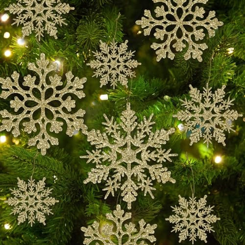 ERBO 24 Stück Schneeflocken Weihnachten Deko, Weihnachtsbaumschmuck Weihnachtsdeko Gold, Baumschmuck Weihnachten, Glitter Schneeflocken Anhänger für Weihnachtsdeko Fensterdeko Weihnachtsbaum Deko