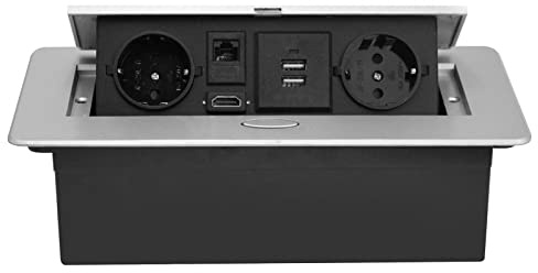 CHENGPI Bloc Multiprise Escamotable pour Encastrer au Bureau,Aluminium Prise Encastrable Plan de Travail 2 Prises et 2 USB A,Interface Réseau HDMI TD,Multiprise Electrique pour Cuisines,1.8M Câble
